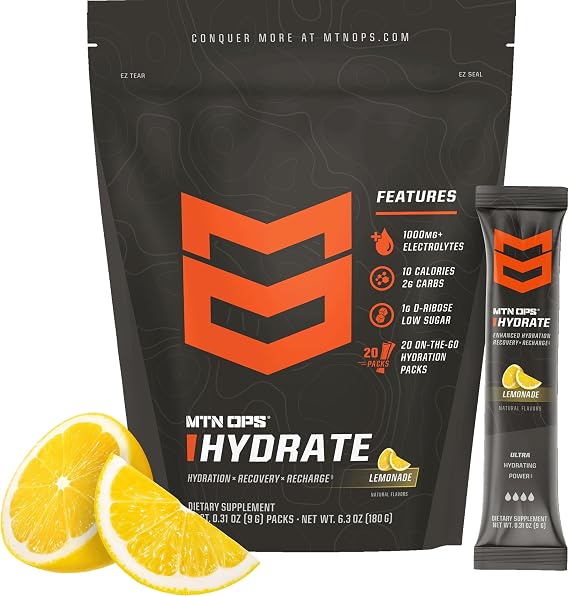 MTN OPS Hydrate Sugar Free Electrolyte Packets, Lemonade | 1,000mg+ Electrolytes for Enhanced Hydration, Recovery and Recharging, Great for On-The-Go