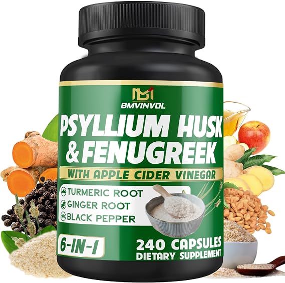 BMVINVOL Psyllium Husk Fiber Supplement with Fenugreek, Apple Cider Vinegar, Turmeric, Ginger, Black Pepper - 240 Capsules