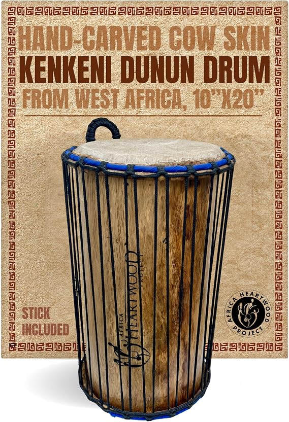 Africa Heartwood Project Kenkeni Dunun Bass Drum with Stick 10" x 20" African Cow Skin Dundun, Handcrafted in Africa