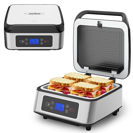 Electric Panini Press Sandwich Maker, 1300W Smokeless Indoor Grill with Removable Non-Stick Plates, Fan, Auto-Lift, Independent Upper Heating, Smart Time & Temperature Control, Silver