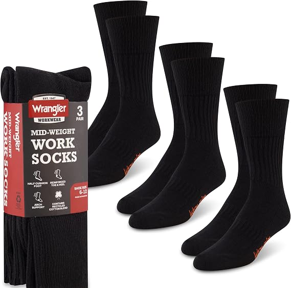 Wrangler Men's Mid Weight Outdoor Socks - Work Socks for Men with Arch Support, Cushioned Toe & Heel - Size 6-12
