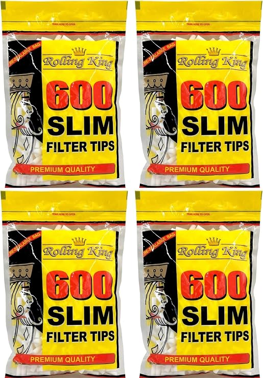 2400 (4 x 600) Rolling King Slim Filter Tips - 600 Tips per Bag - Resealable Bags - Bulk Deal