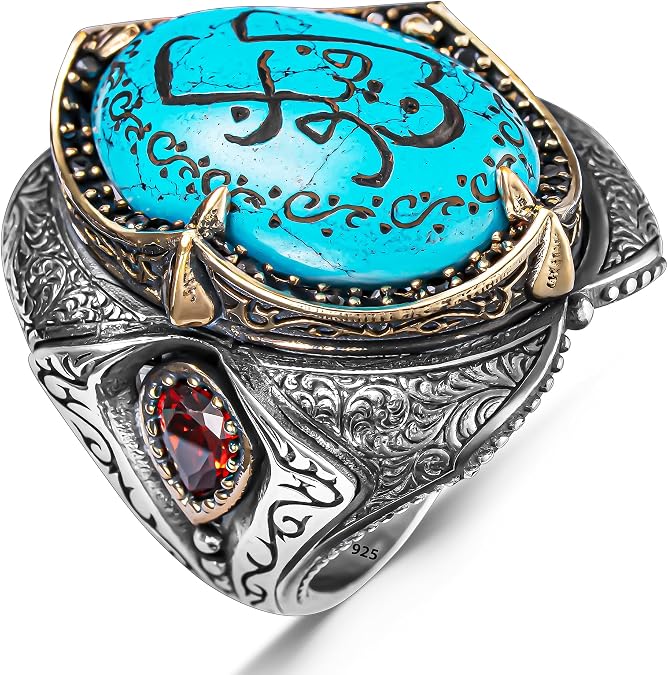 925 Sterling Silver Allah Islamic Arabic Muslim On Turquoise Stone Big Men's Ring Arabic Calligraphy Ring