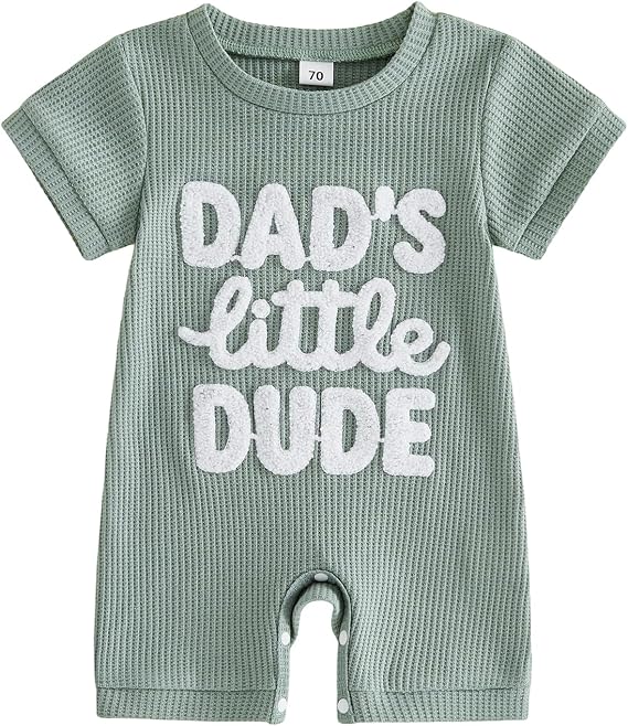 Newborn Baby Boys Summer Romper Letter Embroidered Short Sleeve Jumpsuit Round Neck Playsuit Waffle Bodysuit