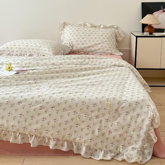 BuLuTu Muslin Kids Comforter with Ruffles 59"x79", Shabby Chic Azalea Floral Print on Beige Quilted Blanket, Double-Layer Gauze Cotton Children Bed Blanket, Bedspread Coverlet, Lightweight Breathable