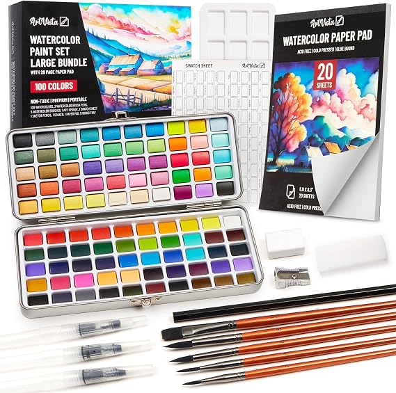 Premium Watercolor Paint Set Bundle with 100 Vibrant Colors for Adults | For Beginners & Professional Painting Kit & Art Supplies for Adults Portable Watercolor Set with Paper Pad & Brushes