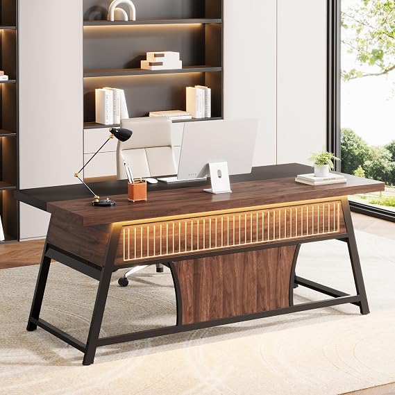 63" Modern Executive Desk with Storage Shelf & LED Light | Large Computer Desk with Metal Frame for Home Office, Walnut and Black