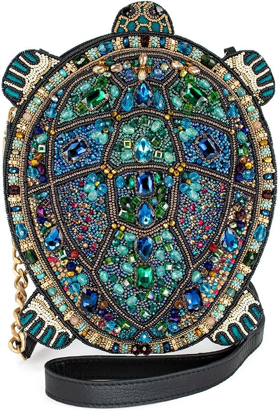 Mary Frances Wave Rider Beaded Crossbody Handbag Clutch Novelty Evening Purse Turtle Design with Removable Chain Strap, Multicolor