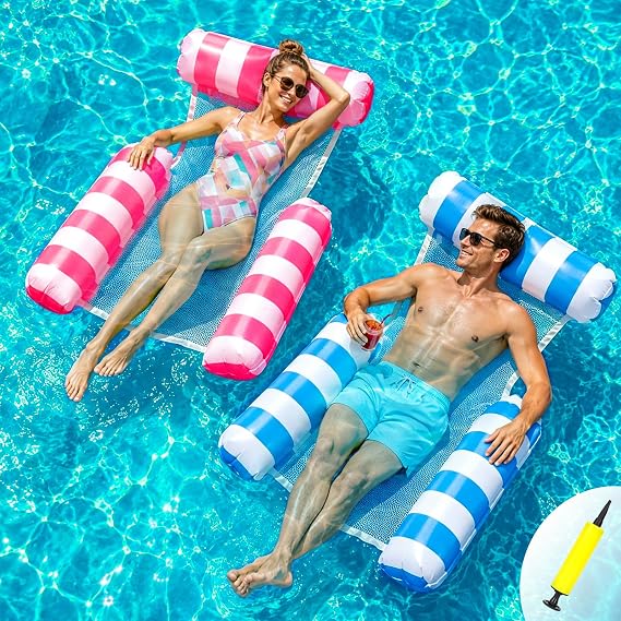 Inflatable Pool Chair 2 Pack, Inflatable Pool Floats Adult, 4 IN 1 Swimming Floating Lounge Chairs Water Hammock, Inflatable Chair for Summer Water Party Beach or Travel, Pool Toys With Air Pump