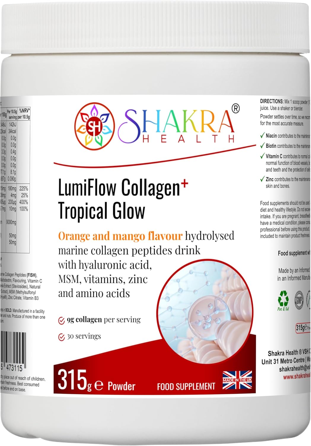 LumiFlow Collagen Tropical Glow | High-Strength Marine Collagen Powder with Hyaluronic Acid, Vitamins & Zinc | Delicious Orange & Mango Flavour, Hydrolysed Peptides for a Radiant Glow, 315g.
