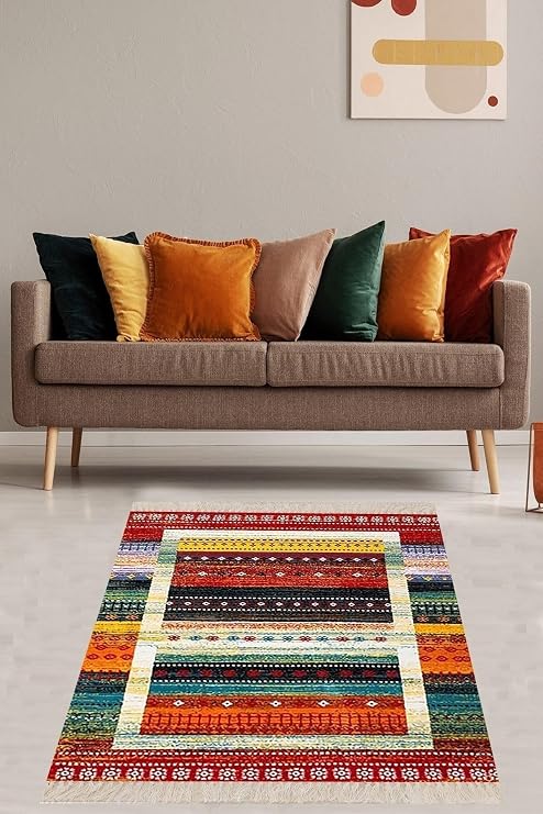 On The Clouds Kilim Desenli Renk Geçişli Yıkanabilir Kaymaz Taban Leke Tutmaz Etnik Salon Halısı ve Yolluk BFOETN1, 180 x 300
