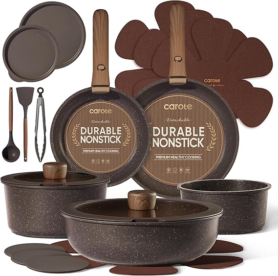 CAROTE 21pcs Pots and Pans Set Non Stick, Detachable Handle Cookware