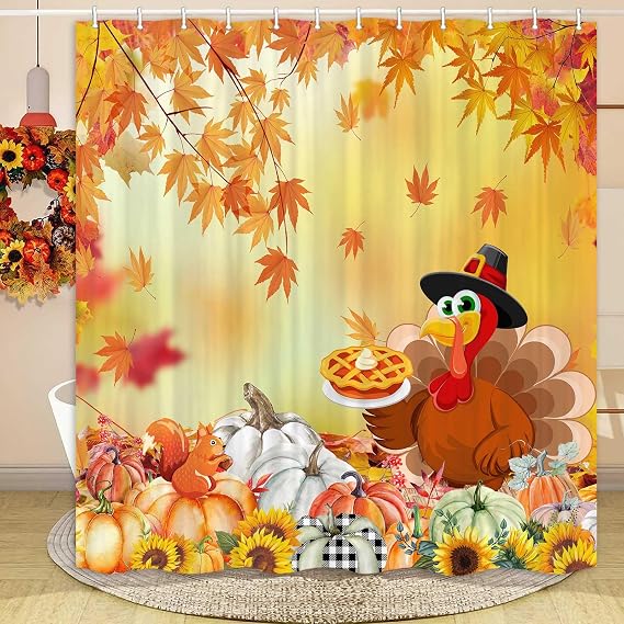 JAWO Thanksgiving Shower Curtain, Fall Maple Leaves Pumpkin Shower Curtain, Fall Shower Curtains for Bathroom Autumn Thanksgiving Harvest Turkey