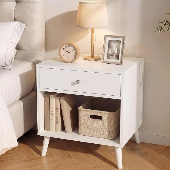 Modern Nightstand with Drawer, White Night Stand with Storage Shelf 2 Tier Bedside Table for Small Spaces Wooden End Table Mid Century Side Table for Bedroom