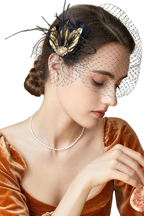 BABEYOND Veil Fascinator Hat for Women Feather Fascinators Hair Clip with Removable Veil Tea Party Hat Bridal Wedding B-Black