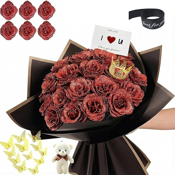 Glitter Roses Bouquet, DIY Fake Glitter Flowers Bouquet, Everlasting Shiny Artificial Red Rose Bouquet, Anniversary, Engagement, Wedding,Red,24 Roses