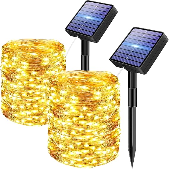 2 Pack Solar String Lights Outdoor Garden, Total 30M/98FT 300 LED Fairy Lights Solar Powered Waterproof, 8 Modes Copper Wire Light for Patio Yard Wedding Christmas Party Decor, Warm White [Energy Class E]