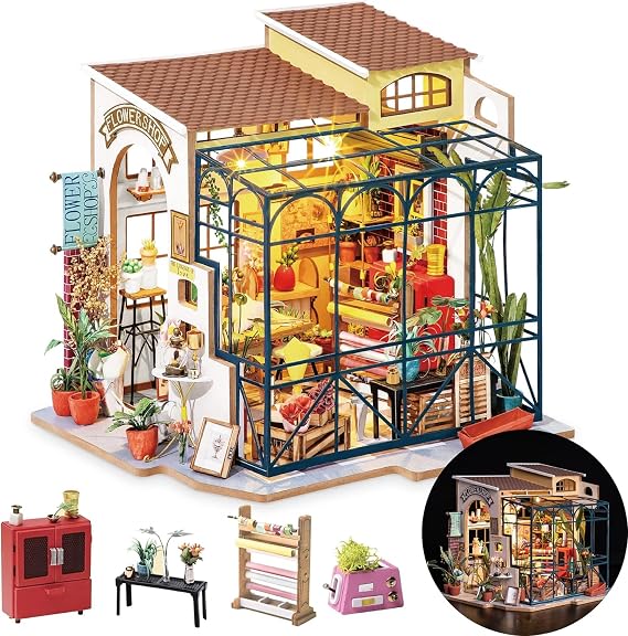 Rolife DIY Miniature Garden House Kit -Emily's Flower Shop (Advanced Level) | Tiny House for Adults to Build, Mini House Making Kit with LED Lights, Halloween/Christmas Decor Gifts for Garden Lovers