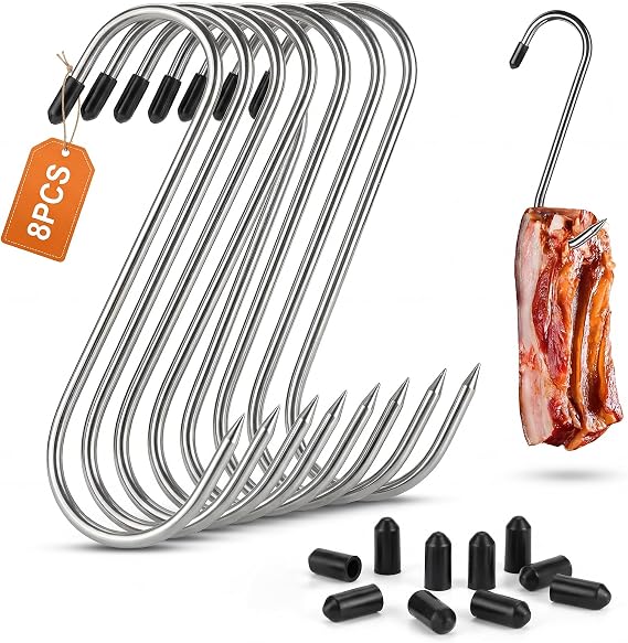 8 Pcs S-Shaped Stainless Steel Butchers Hooks, 5mm x 18cm, Load 50kg | 8 Pcs S-shaped stainless steel hooks. 5mm x 18cm, load 50kg. For BBQ, grilling, smoking. Sturdy, rust-resistant.