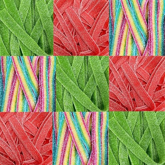 Variety Fruit Flavour Candy Belts – Apple, Strawberry & Rainbow Sour Strips with Sugar Coating – Chewy Fruity Sweets - Vld (250g, Random Mixed Belts)