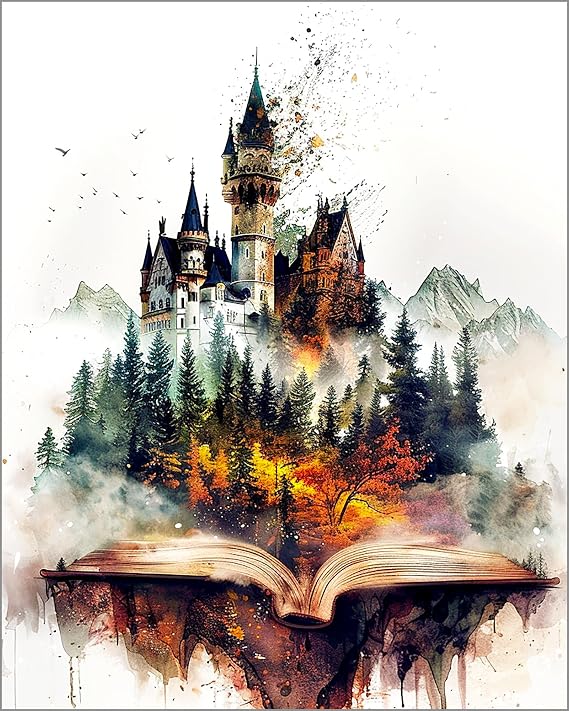 7Dots Art. Book with a story emerging from its pages. Wall Art (8 in by 10 in) - UNFRAMED. Art Print on Fine Art thick Watercolor (aquarelle) paper for book lovers, bookworms, bibliophiles, and book readers. Wall decor, poster. (castle)