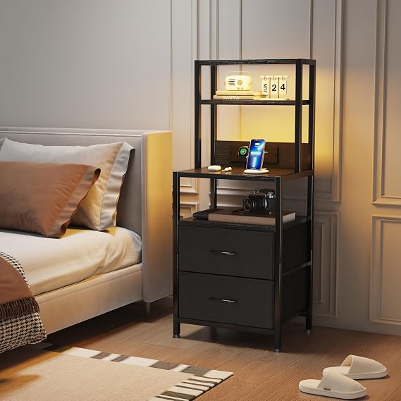 MUTUN Bedside Table with Charging Station and LED Light Strips, Nightstand with Drawers, Bedside Cabinet for Living Room, Bed Side Table for Bedroom, Black