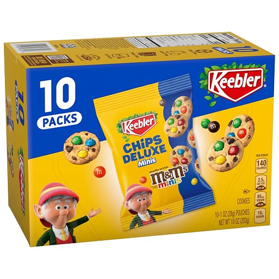 Keebler Chips Deluxe Minis Made with M&Ms, Chocolate Chip Cookies, 1 oz Pouches, 10 Count