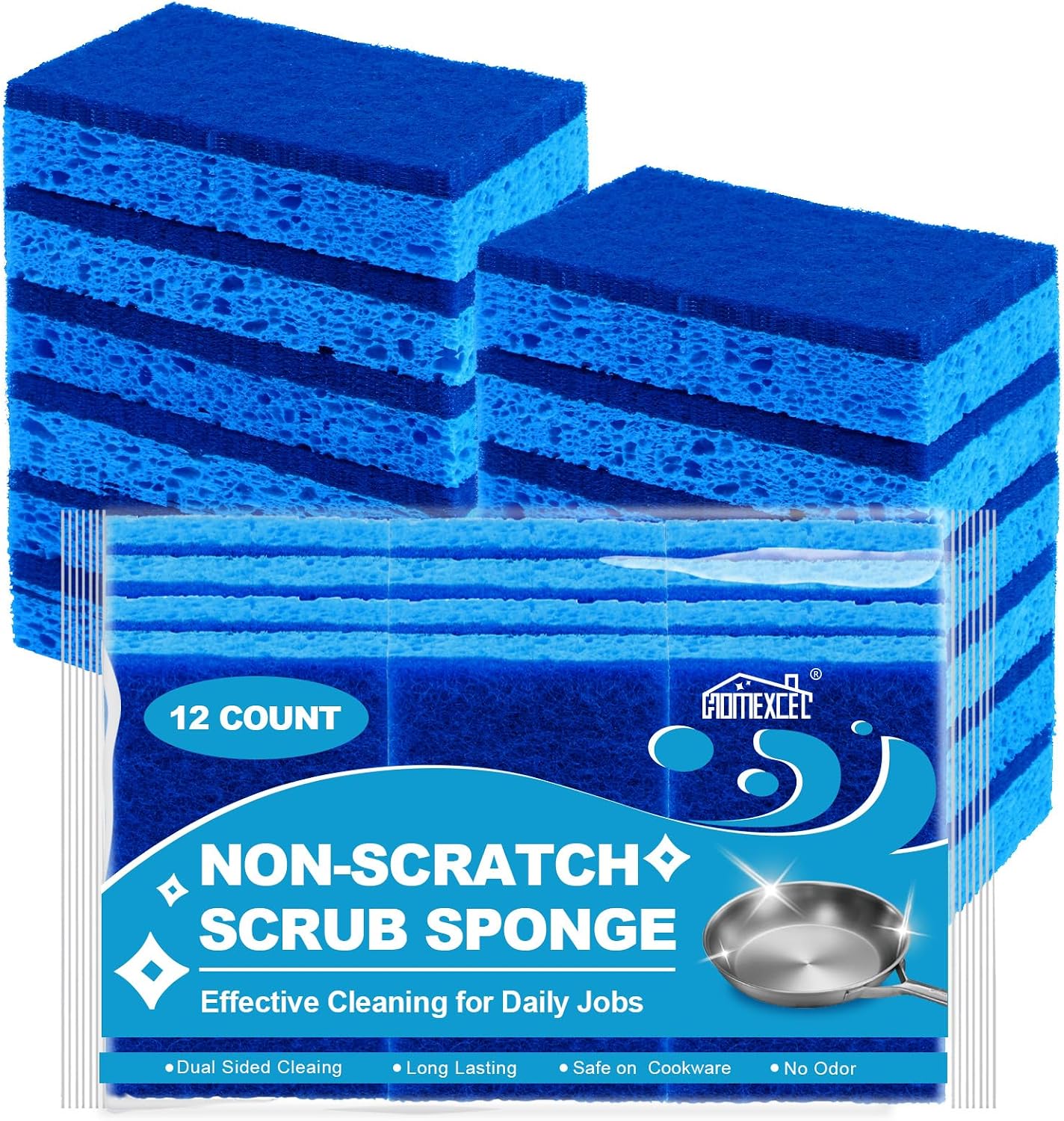 homexcel kitchen sponges pack of 12 non-scratch scrub dish sponges safe on non-stick cookware dual-sided cleaning sponges for kitchen household bathroom and more