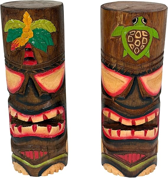 Chesapeake Bay Set of 2 Tiki Totem Pole Statues, 8 Inch Tall | Hand-Carved and Painted Wood, Sea Turtle and Palm Tree Motifs, Textured Open-Mouth Faces