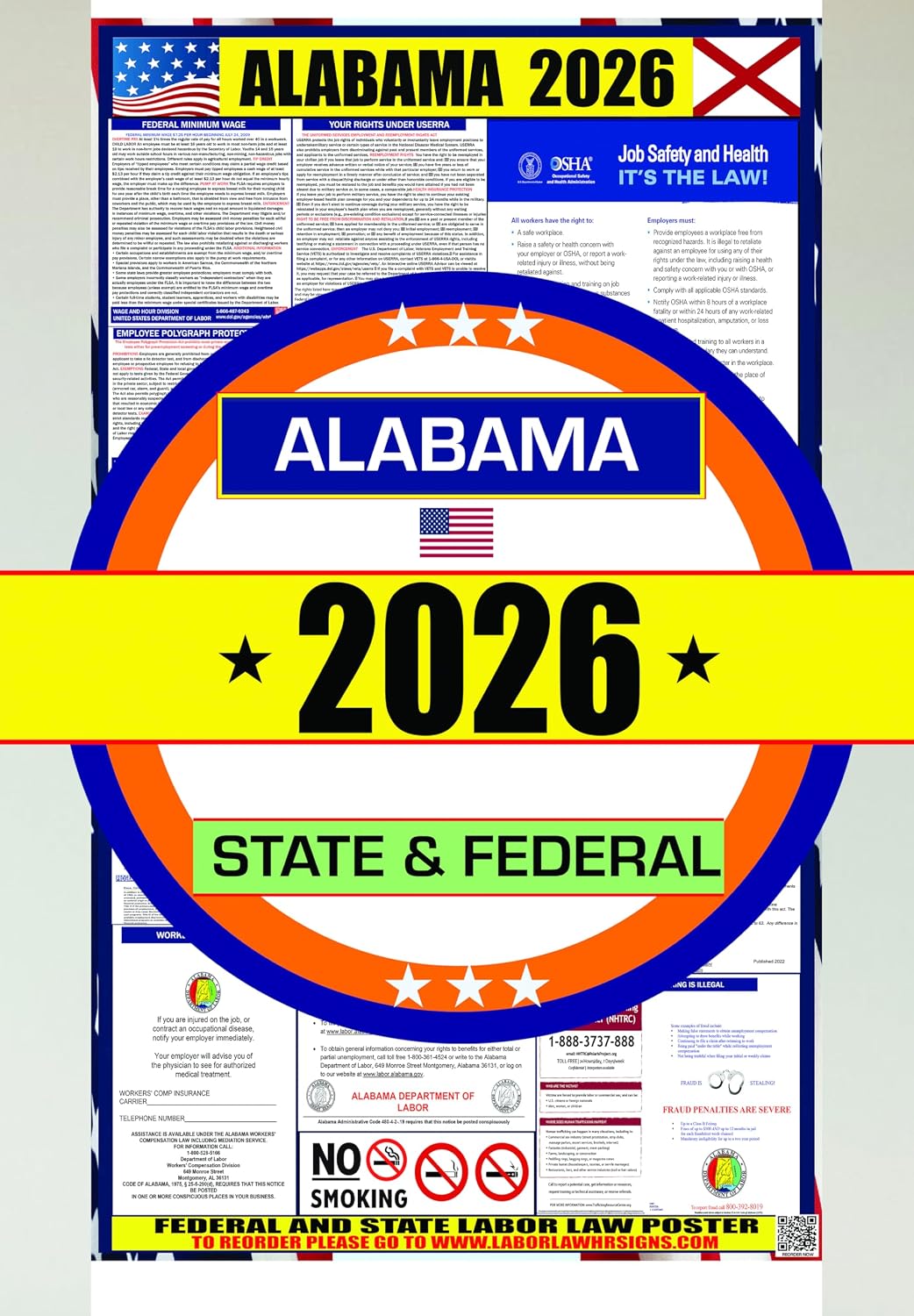 2026 Alabama AL State Labor Law Poster - State, Federal and OSHA Compliant Laminated Poster - Ideal for Posting in The Workplace - Easy to Read - Perfect for Common Rooms and Cafeterias