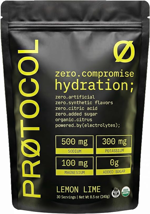 Protocol USDA Organic Electrolyte Powder No Natural Flavors, No Citric Acid Sugar Free Lemon Lime Hydration Mix 30 Servings