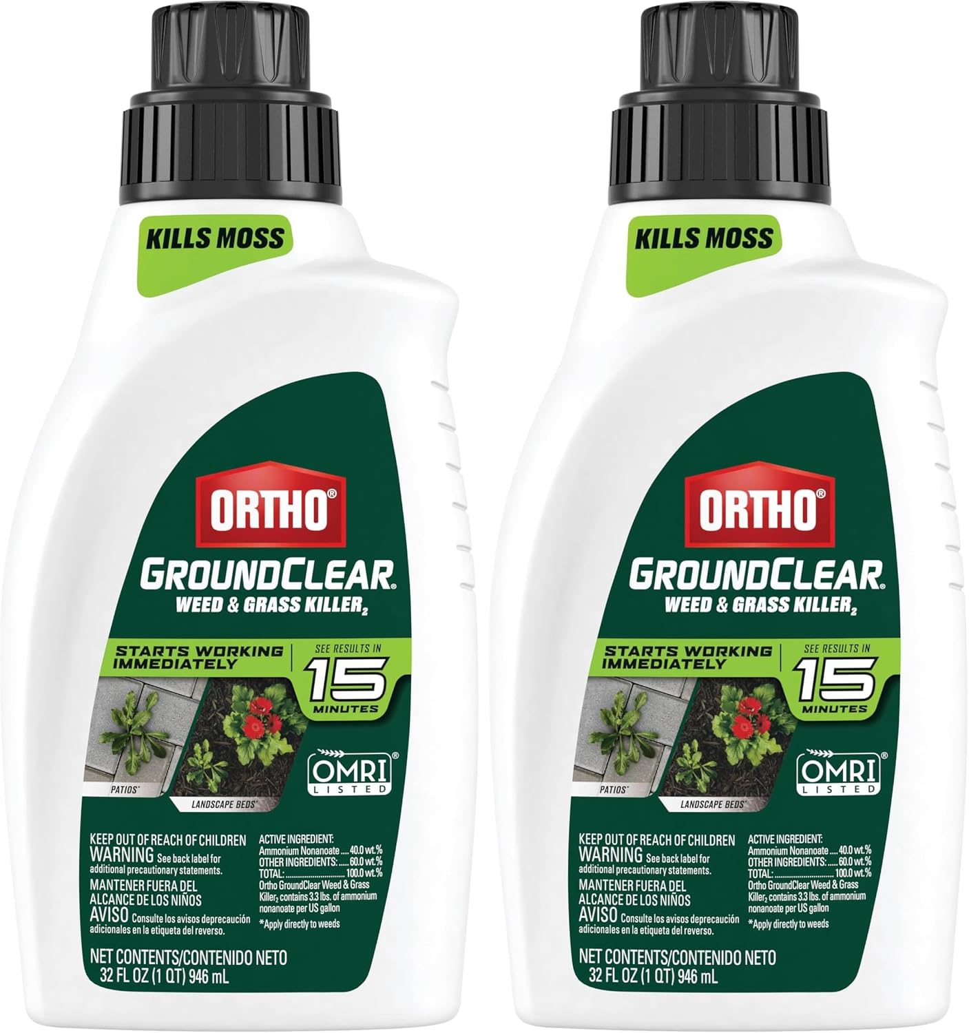 Ortho GroundClear Weed and Grass Killer2 Concentrate, Broadleaf Weed Control for Landscape Beds, Around Vegetable Gardens or Patios, Results in 15 Minutes, OMRI Listed, 32oz. Pack of 2
