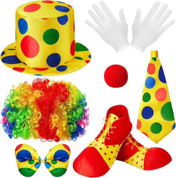 JaGely 7 Pcs Clown Costume Set, Rainbow Wig Hat Nose Bow Tie Gloves Shoes