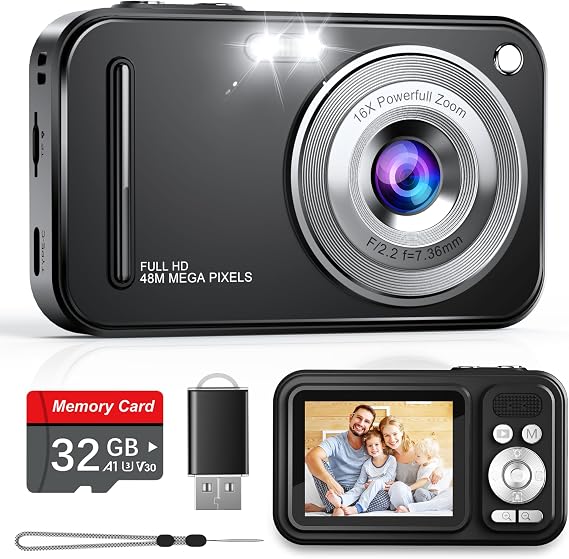 Digital Camera, Autofocus 48MP FHD 1080P Camera for Kids with 16X Zoom Anti Shake, Compact Portable Small Point and Shoot Digital Cameras with 32GB Memory Card for Teens Kids Boys Girls, Black