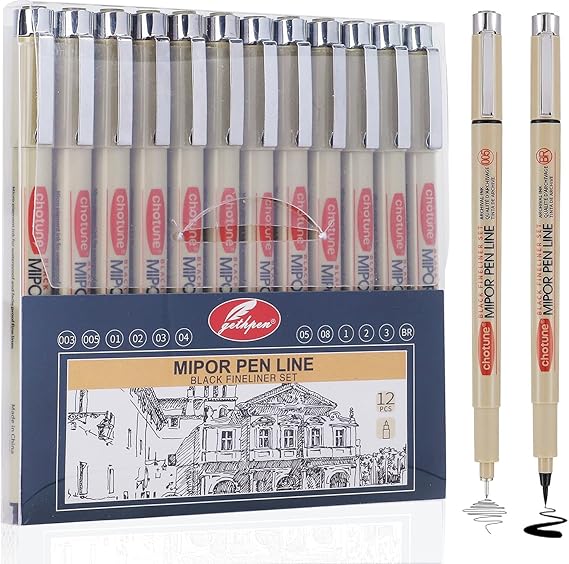 Micro Fineliner Drawing Art Pens: 12 Black Fine Line Waterproof Ink Set Artist Supplies Archival Inking Markers Liner Professional Sketch Outline Anime Sketching Artist Illustration Watercolor