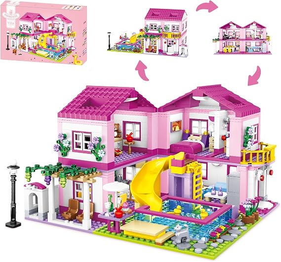 CSNRHG Pink Summer Pool Villa Building Block Set Friends Construction Educational Toy 1018 Pieces Gifts for Girls Teens Kids Adults Ages 6+