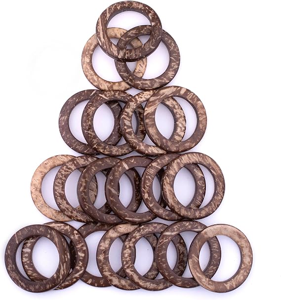 The Bead Chest Natural Coconut Shell Ring Pendants 35mm, Set of 20 Brown Wood Large Hole