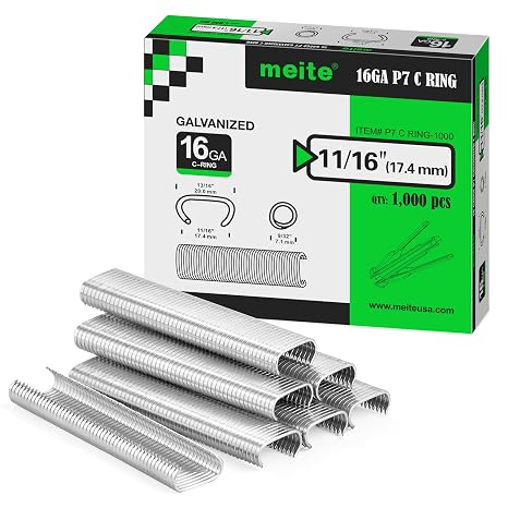 meite Hog Rings, 16 Gauge 11/16" Crown P7 Galvanized Hog Ring Staples for Fabric, Fence/Case, Wreaths/Ornments, Bag Closing, Net Binding (1,000 Counts)
