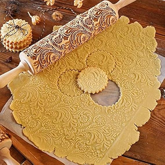 Embossed Wooden Rolling Pin, Embossing Rolling Pin for Baking Fondant, Pizza, Pie, Pastry, Pasta, Dough, Cookies, Suitable Christmas, Father and Mother's Gift