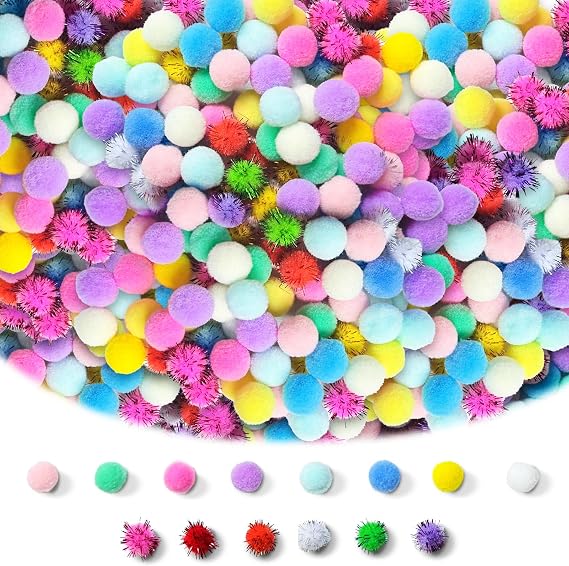 RITOLLO Pack of 1200 Pompoms for Crafts (1 cm) Approximately 1000 Colourful Pompoms & 200 Glitter Felt Balls for DIY Projects Crafts Gift Decoration & Creative Decoration
