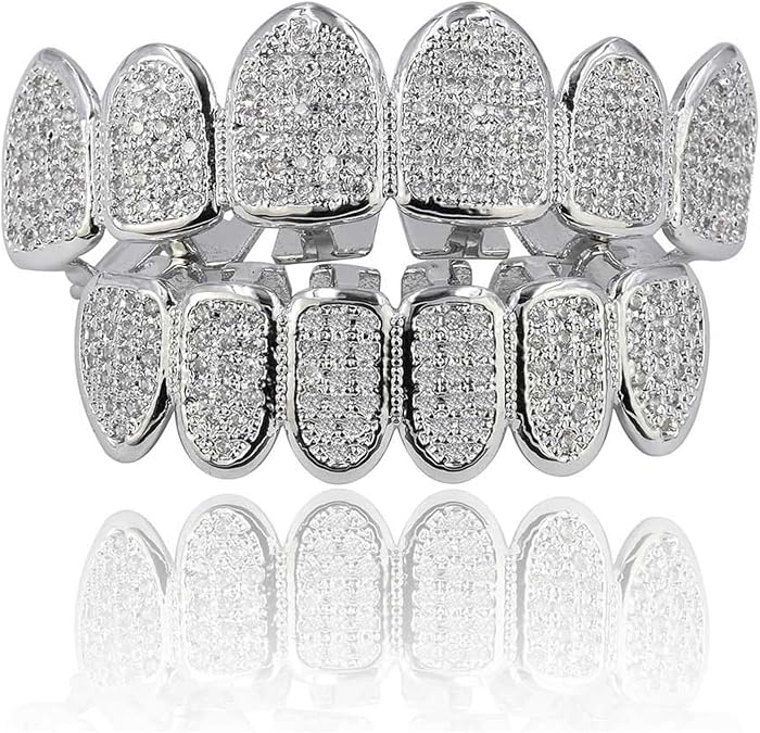 JINAO Grillz Grills for Your Teeth Simulated Diamond Teeth Grillz with Extra Molding Bars Included 18K Gold Plated All Iced Out Cubic Zirconia Golden Teeth for Men Women
