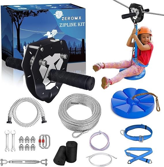 100ft Zip Line Kit for Kids and Adults Zipline Kits for Backyard | Upgraded Removable Lion Trolley, 6.5ft Spring Brake, Tree Protectors, Safety Harness & Seat