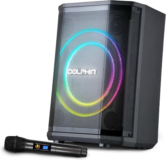 Dolphin Bluetooth Party Speaker with Wireless Microphone, 8" Woofer | 40W RMS, 3D LED Ring Light, RGB Lights, TWS Pairing, USB/AUX , Rechargeable Battery, Portable Design, Karaoke Ready