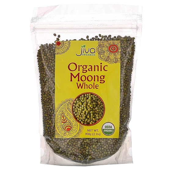 Jiva Organic Mung Bean - Mung Moong Beens Whole for Sprouting and Cooking - 2 lb Bean Bag Indian Spices