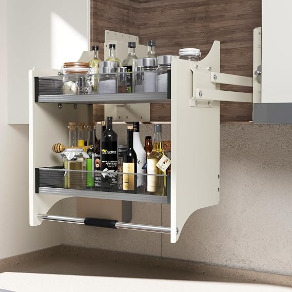 Pull Down Shelf for Kitchen Upper Cabinet,Heavy Duty Pull Down Cabinet Organizer, 2 Tier Upper Cabinet Pull Down Shelf Kitchen Cabinet Pull Down Spice Racks for Tall Kitchen, 22 inch Width, White