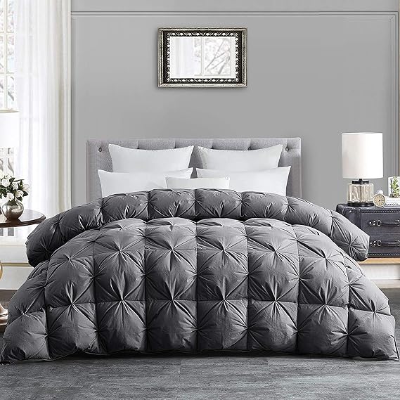 HOMBYS 116x108 Oversized King Feather and Down Comforter, Pinch Pleat Palatial King Duvet Insert with 100% Cotton Cover, Grey Fluffy Thick Comforter with Corner Tabs for All Season Warmth