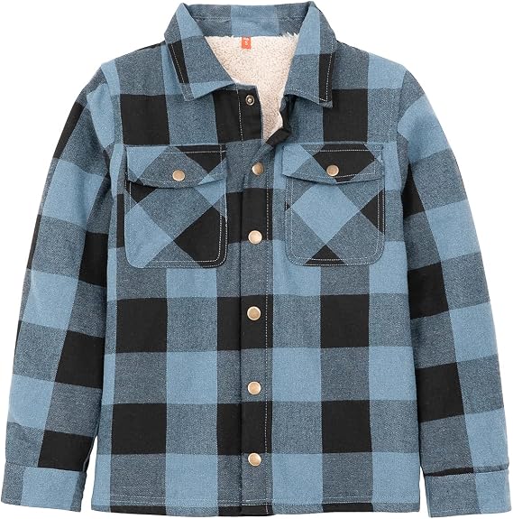 ZENTHACE Boys Girls Sherpa Lined Flannel Jacket,Snap Button Plaid Shacket