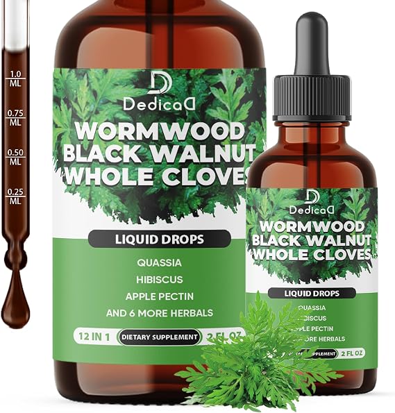 DEDICAD 12in1 Wormwood Liquid Drops - Black Walnut Wormwood Tincture Liquid Extract Whole Cloves and 9 More Herbs - 60 Days Supply