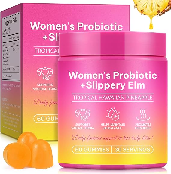 Feminine Probiotic Gummies with Slippery Elm, Pineapple Probiotics Gummies for Women PH Balance, Gut & Immune Support, Yeast Balance, Prebiotics & Lactobacillus Blend | Vegan & Sugar-Free, 60 Gummies