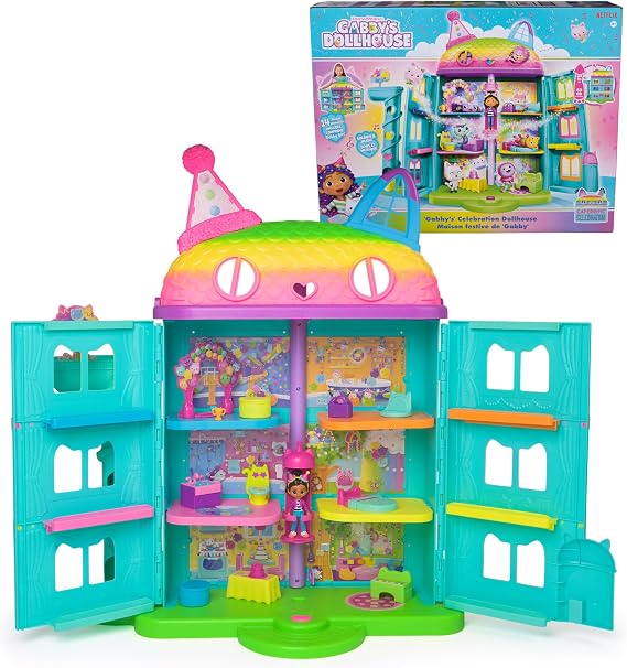 DREAMWORKS GABBY'S DOLLHOUSE - 15-Piece Purrfect Party Dollhouse Playset in Rainbow Look Over 60 cm with Gabby Figure Furniture and Sound Effects from 3 Years